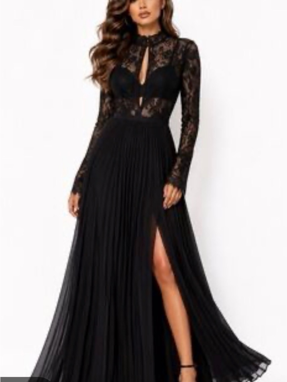 bebe Black Long-Sleeve Lace Maxi Dress with High Slit